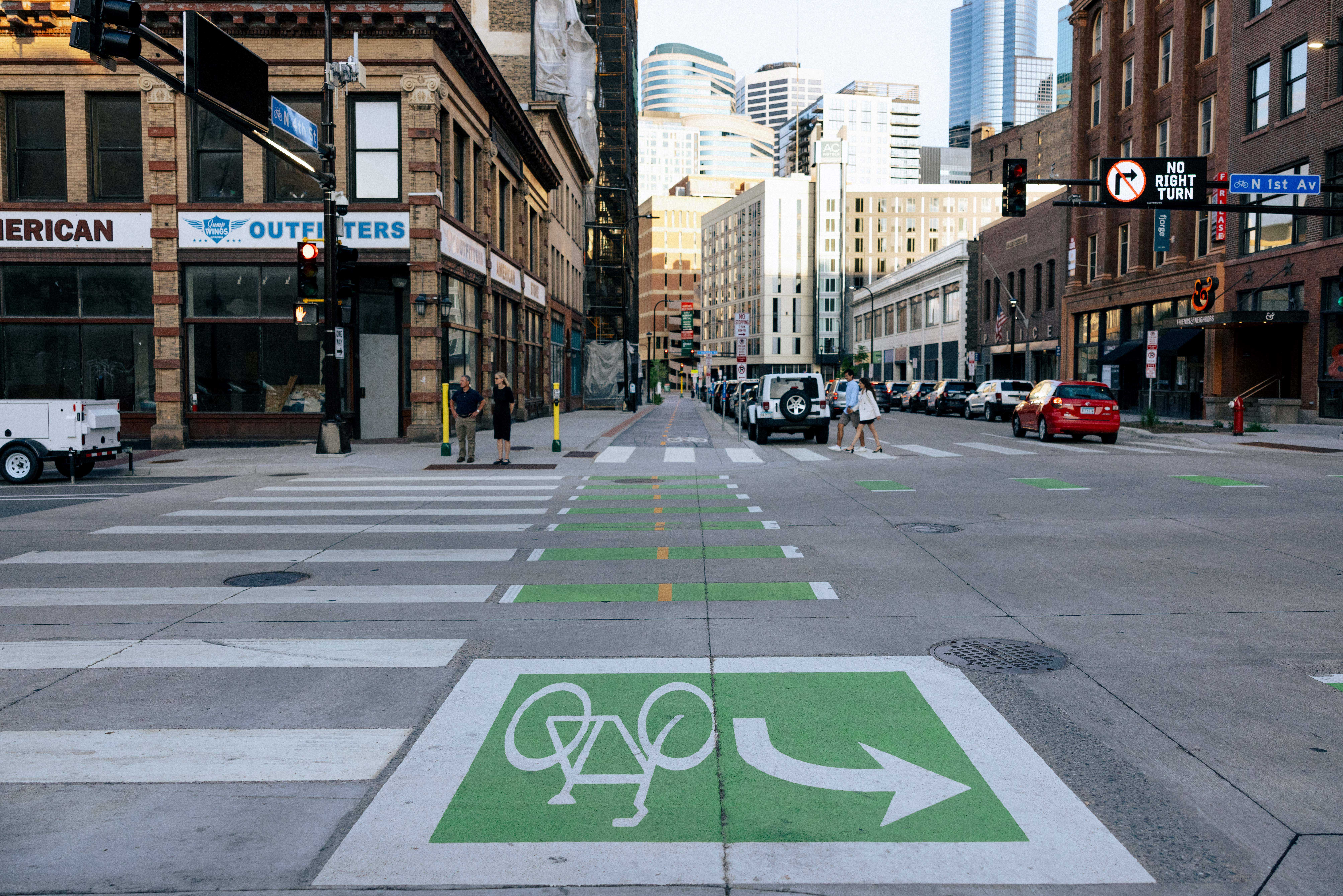 A crosswalk and bike lane marking across 1st Ave N A crosswalk and bike lane marking across 1st Ave N