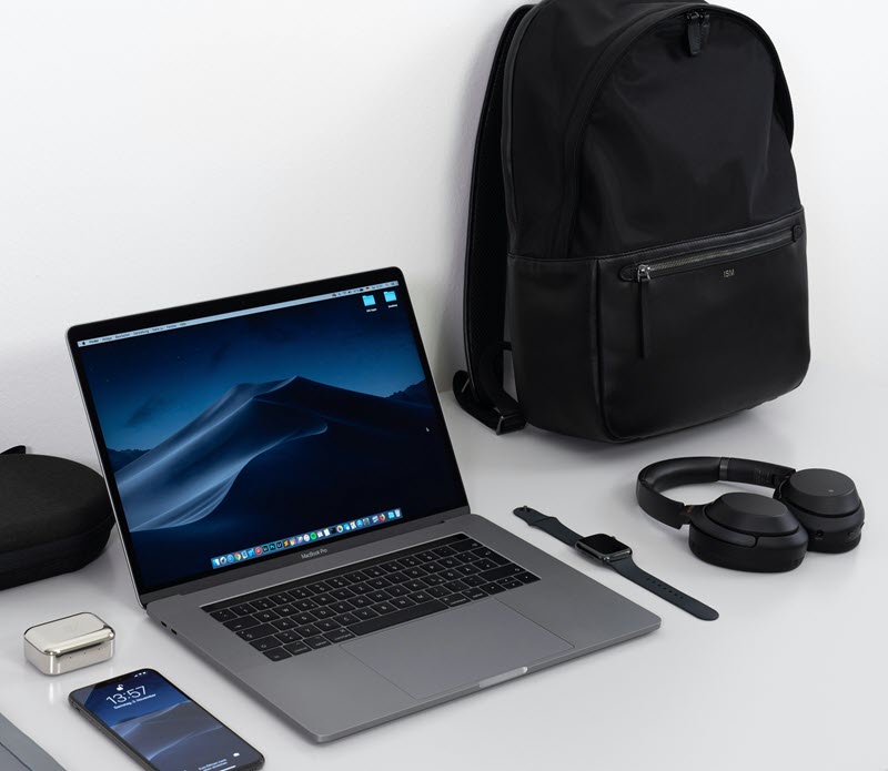 Cellphone, laptop, watch, headphones, and backpack