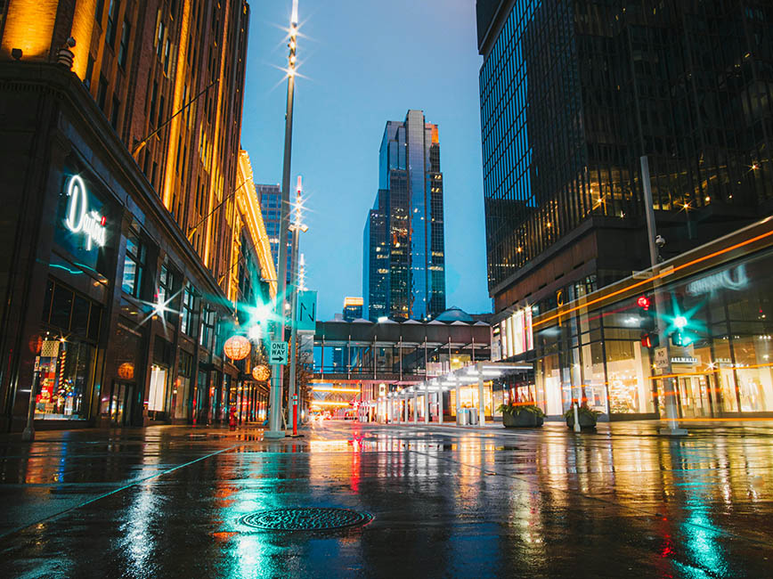 Downtown Minneapolis during a rain storm.