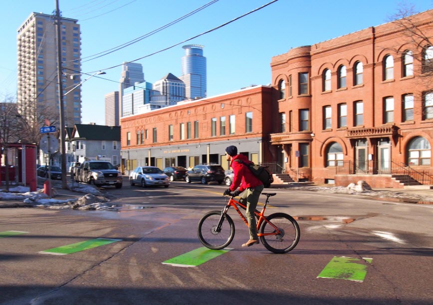 Bike conflict zone striping - These green crossings reinforce that bicyclists have priority over turning vehicles.