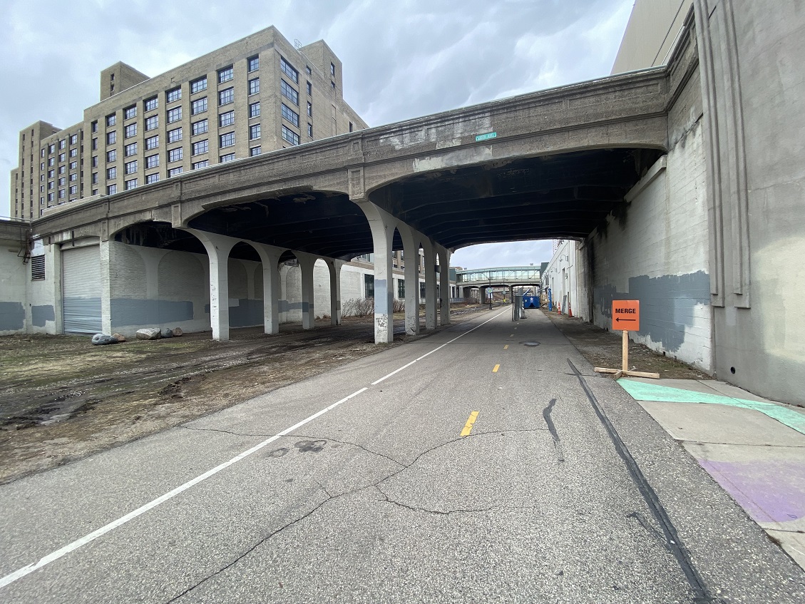 View of the paved bikeway under the bridge