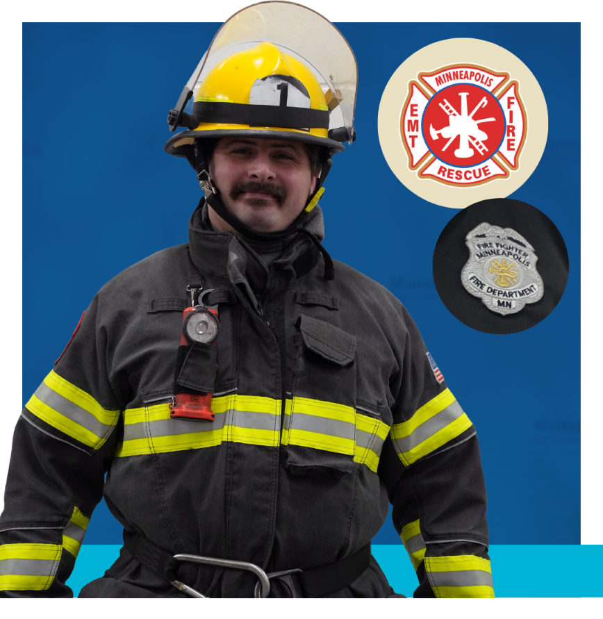 Minneapolis Firefighter wearing a black firefighter uniform with helmet and badges Deputy Fire Chief wearing tan uniform with helmet and badges that say Firefighter Minneapolis Fire Department MN and Minneapolis EMT Fire Rescue