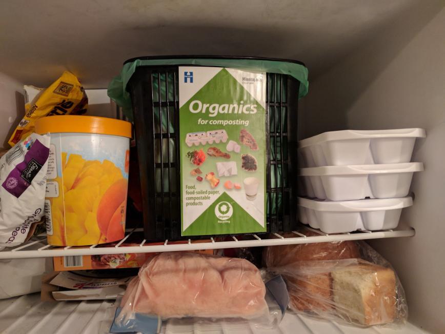 Organics bin in a home freezer