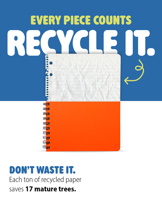 Every piece (of paper) counts. Recycle it. Don't waste it. Each ton of recycled paper saves 17 trees.