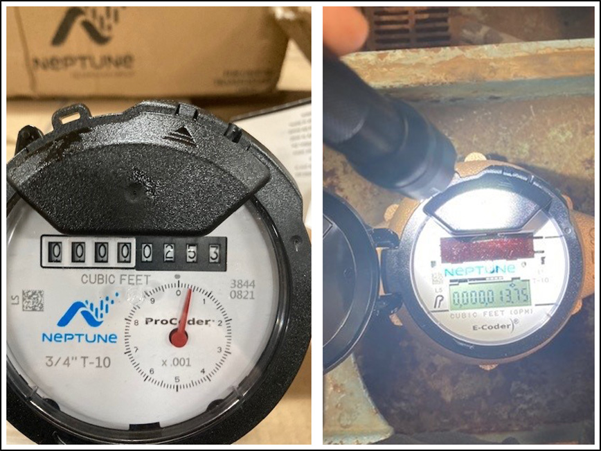 Comparison image of an analog water meter and a digital water meter.