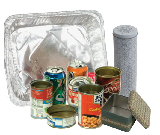 pop cans, soup containers, decorative tins, and pie tin