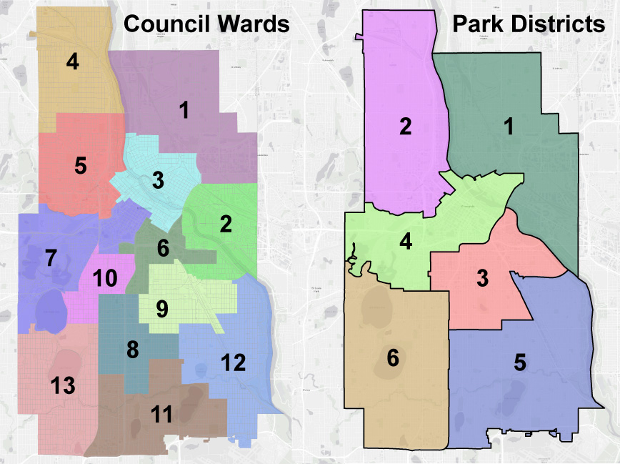 Shows the 2022 Council Ward and Park Board District maps. Shows the 2022 Council Ward and Park Board District maps.