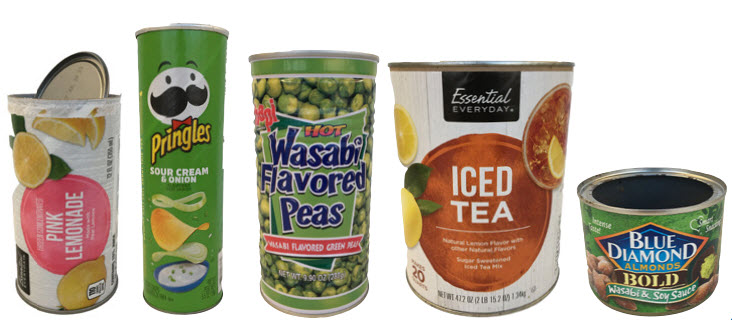 frozen juice can, pringles can, mixed nuts, iced tea tub frozen juice can, pringles can, mixed nuts, iced tea tub