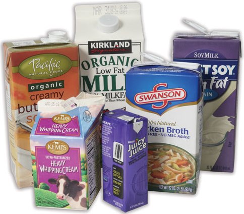 Recyclable cartons like cream, broth, and juice.