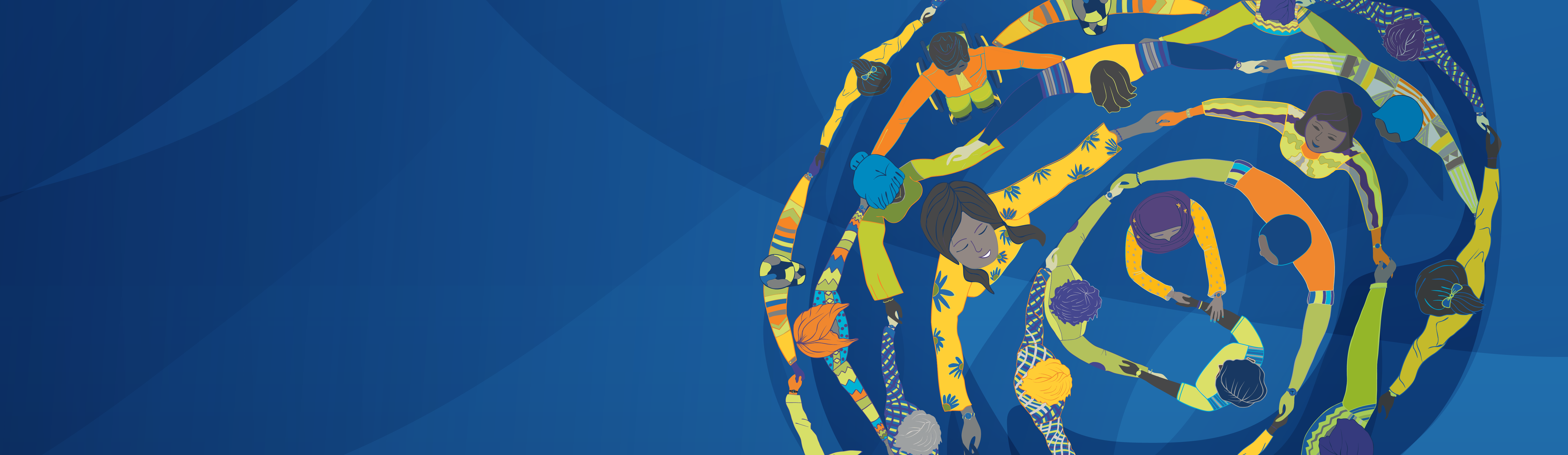 Illustrations of people of all ethnicities and ages united with hands in a circular shape