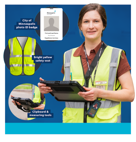 woman city assessor in reflective vest with a clipboard and badge
