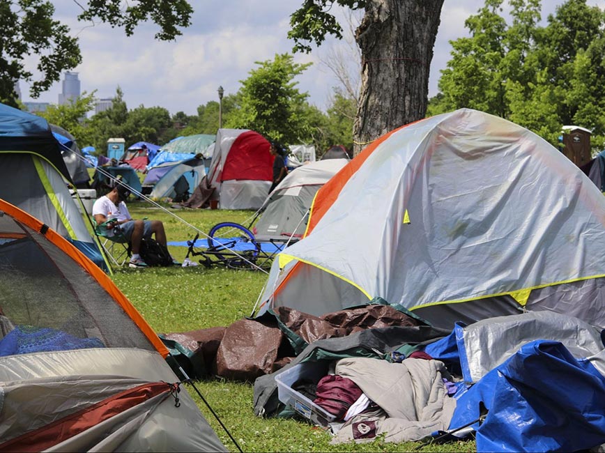 Tents set up in Powerhorn Park.