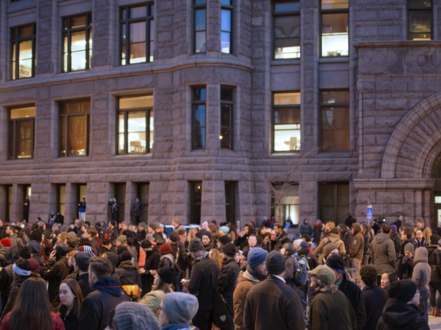 Crowd of protestors outside of Minneapolis City Hall