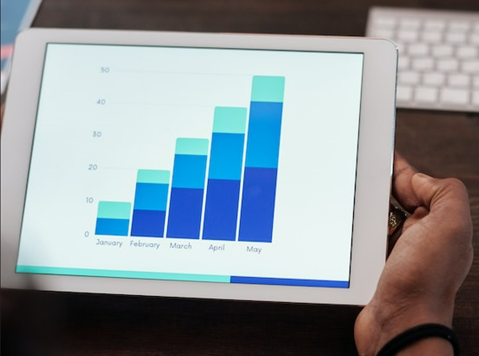Person viewing a bar graph with data on tablet