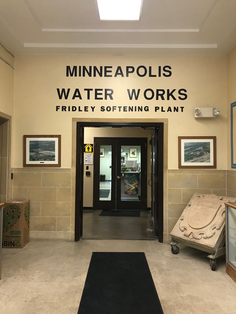 Looking at open doors to Minneapolis Water Works Softening Plant in Fridley.