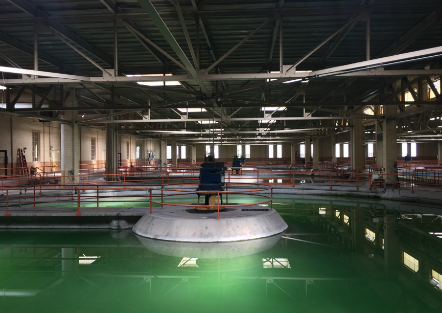 Pool of water reflecting light the water plant equipment.