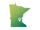 Icon of Minnesota with a pin on Minneapolis.
